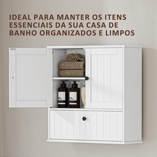 Armário Casa de Banho de Parede Rústico com Prateleira Ajustável Dupla Porta Porta Basculante e Fecho Magnético 60x19,5x60 cm Branco