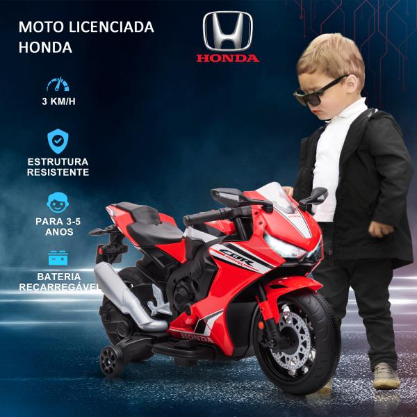 Mota Elétrica com Licença HONDA para Crianças de 3 - 5 Anos Mota a Bateria 6V com Farol Buzina Música 90x44x52cm Vermelho