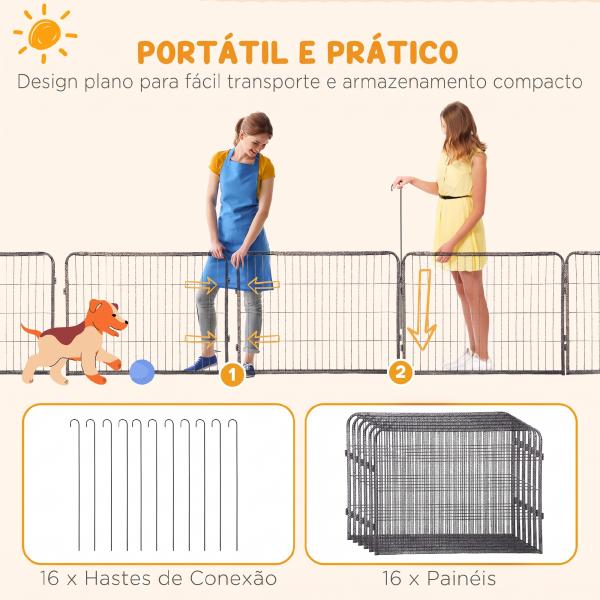 Parque para Cães com 16 Painéis e 2 Portas, Recinto em Aço para Interior e Exterior 80x60 cm Cinzento