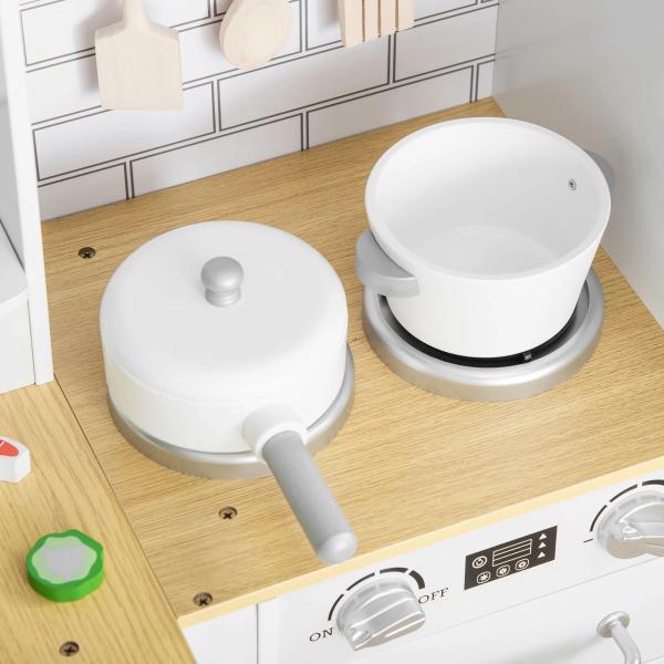 Cozinha Infantil de Madeira para Crianças de 3 - 6 Anos com Sons 14 Acessórios Cozinha Infantil com Telefone Lavatório Microondas e Grifo 82x65x87cm Branco