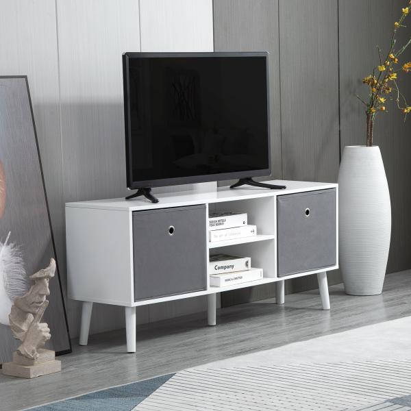 Móvel de TV para Televisores de até 50 Polegadas Móvel de Sala de Estar Moderno com 2 Gavetas de Tecido 2 Prateleiras Abertas e Orifício Passa Cabos 110x29x46,5cm Branco e Cinza
