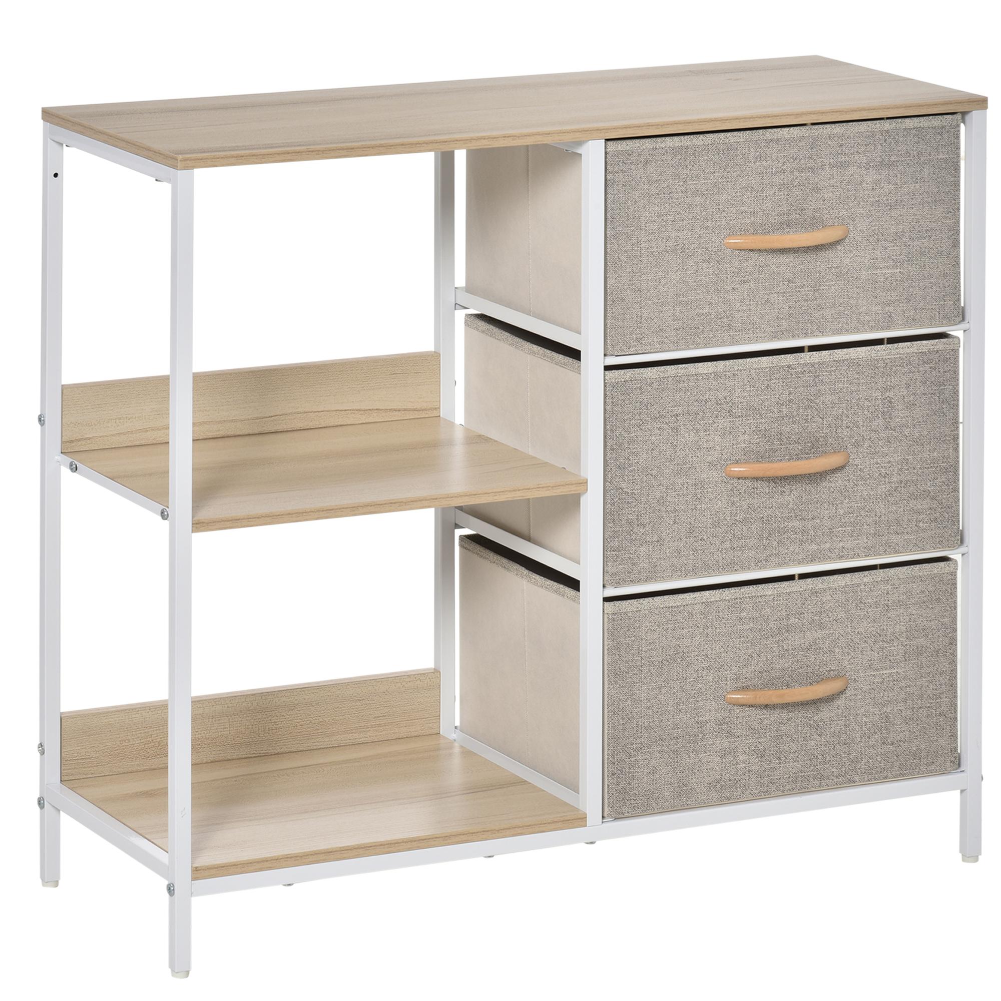 Cómoda de Estilo Industrial com Gavetas de Tecido Dobráveis e 2 Prateleiras 80x29x71 cm Madeira e Cinza Claro