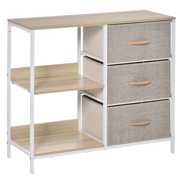 Cómoda de Estilo Industrial com Gavetas de Tecido Dobráveis e 2 Prateleiras 80x29x71 cm Madeira e Cinza Claro