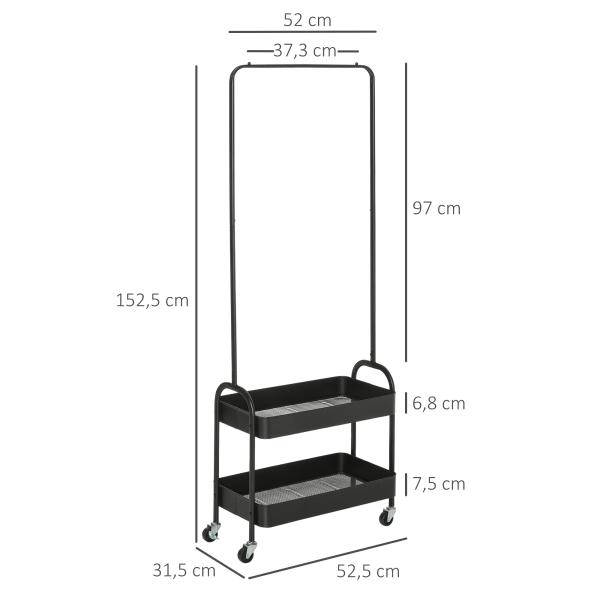 Charriot com Sapateiro Charriot com Rodas Barra de Pendurar e 2 Cestos para Entrada Dormitório Sala de Estar 56,5x31,5x152,5cm Preto