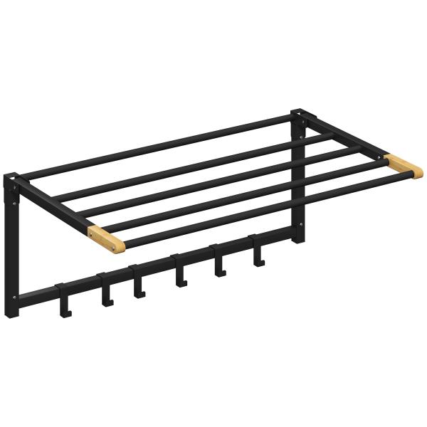 Toalheiro de Parede Dobrável com 5 Barras e 6 Ganchos Suporte para Toalhas para Casa de Banho Dobrável e Compacto 60x32,5x20 cm Preto