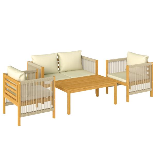 Conjunto de Móveis de Jardim de 4 Peças com Sofá de 2 Lugares 2 Poltronas Mesa de Madeira Almofadas e Corda de PP Madeira e Bege
