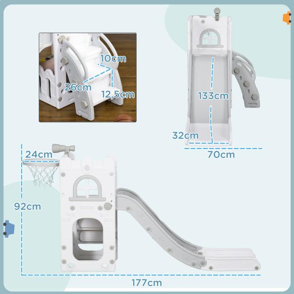 Escorrega Infantil 5 em 1 para Crianças com Cesto de Basquetebol Telescópio Escalador e Cesta Inferior 70x177x92 cm Branco e Cinza