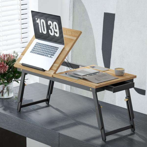 Mesa Reclinável para Cama e Sofá, Bandeja Dobrável com Gaveta Lateral para Portátil e Livros, 5 Alturas, Carvalho