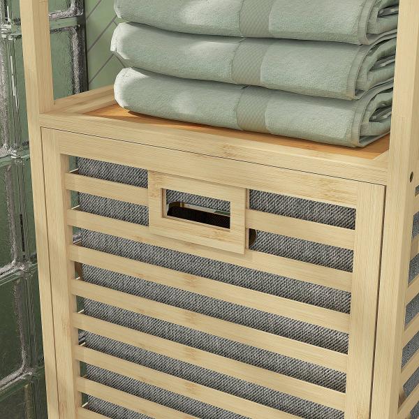 Estante de Casa de Banho em Bambu com 3 Prateleiras e 1 Cesto para Roupa Suja Removível 44x33x160 cm Natural