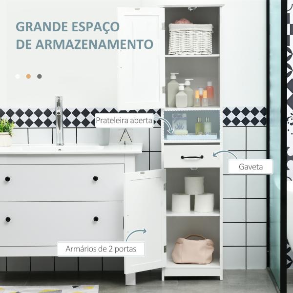 Coluna de Casa de Banho com 2 Portas 1 Gaveta Prateleira Aberta e Prateleiras Ajustáveis 40x30x164 cm Branco