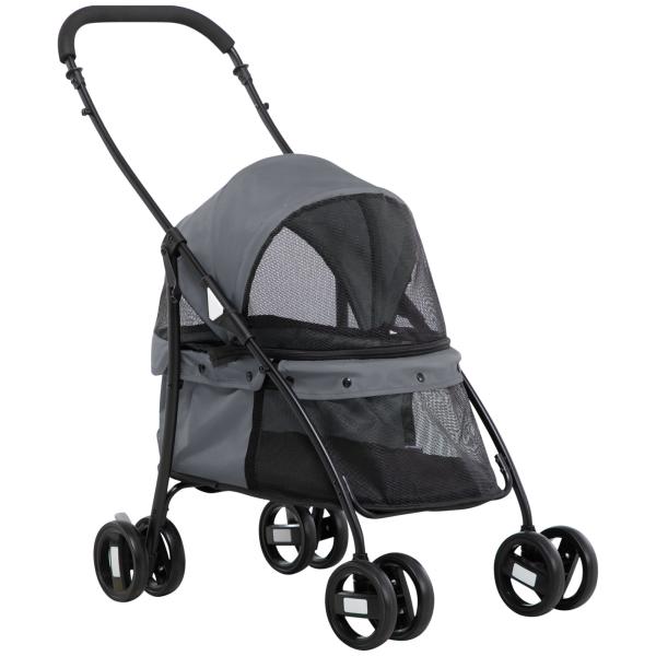 Carrinho para Animais de Estimação Dobrável com Janela de Malha Almofada Lavável Arnês de Segurança 82x47x97cm Cinza
