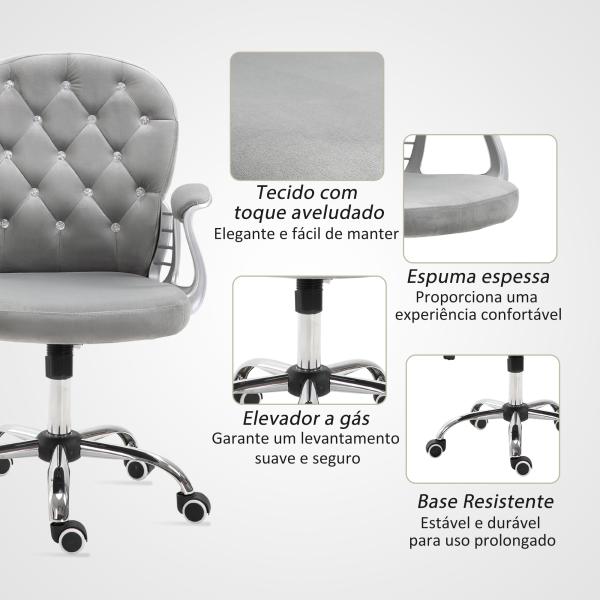 Cadeira de Escritório Estofada em Veludo Cadeira Giratória com Altura Ajustável e Decorações de Cristal 59,5x60,5x95 - 105 cm Cinzenta