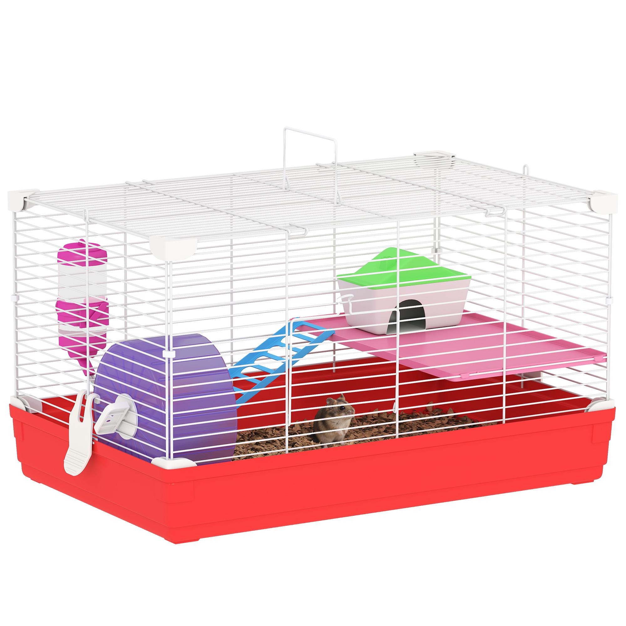 Gaiola para Hamster com Comedouro Bebedouro Rampa Ropa de Exercício para Pequenos Animais 47x30x27cm Branco e Vermelho