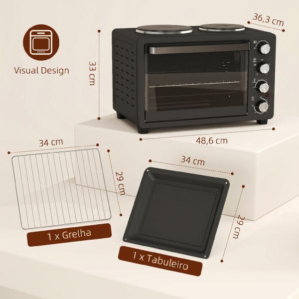 Forno Elétrico de Bancada 28L 2600W com Placas de Cozedura, Temperatura Ajustável, Temporizador e Tabuleiro, Preto