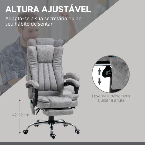 Cadeira de Escritório com 6 Pontos de Massagem Giratória Encosto Reclinável 135º Função de Aquecimento 62x67x113 - 120 cm Cinza