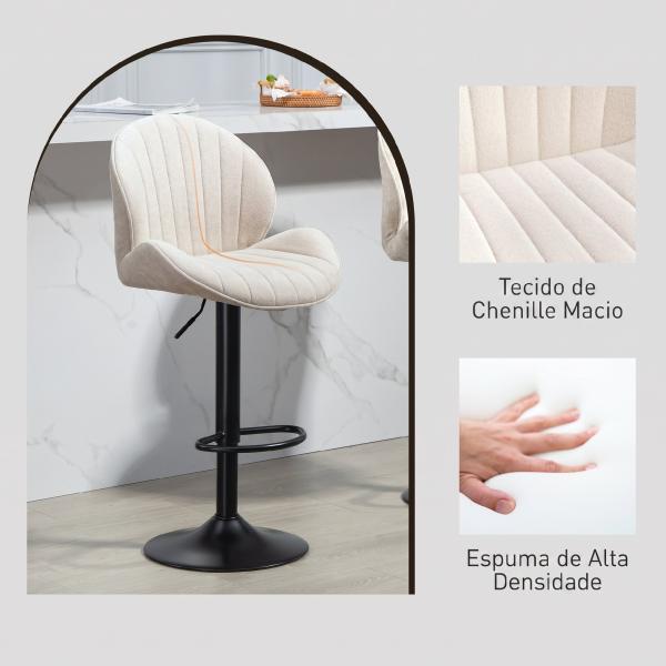 Conjunto de 2 Bancos de Bar Giratórios com Altura Ajustável 62 - 83 cm, Revestidos em Chenille, com Encosto e Apoio para os Pés, Bege