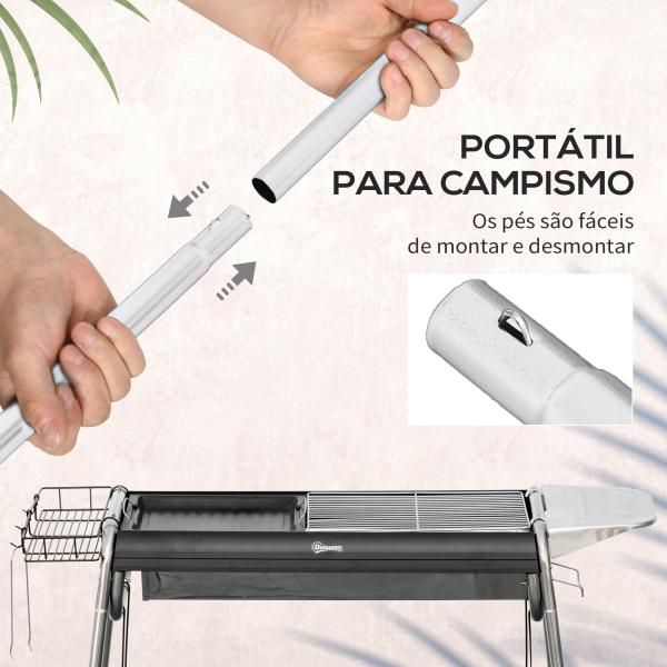 Barbecue a Carvão Portátil com Grelha de Aço Inoxidável Prateleira para Temperos e Prateleira de Armazenamento 96x61x72 cm Preto