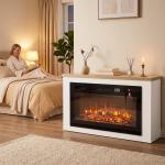 Lareira Elétrica de Pé 900/1800 W com Móvel para TV até 55", 12 Cores de Chama 3D, 5 Níveis de Brilho, Comando à Distância, para 35 m², Branco