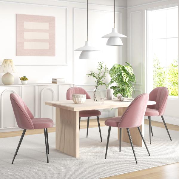 Conjunto de 4 Cadeiras de Sala de Jantar Modernas Cadeiras Estofadas em Veludo com Encosto Alto e Pés de Aço 50x52x83 cm Rosa