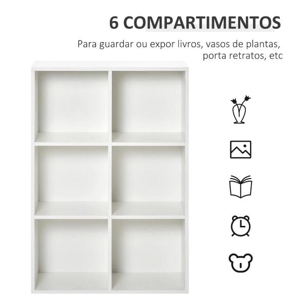 Estante para Livros Estante de Madeira de 3 Níveis com 6 Compartimentos de Armazenamento 65,5x30x97,5 cm Branco