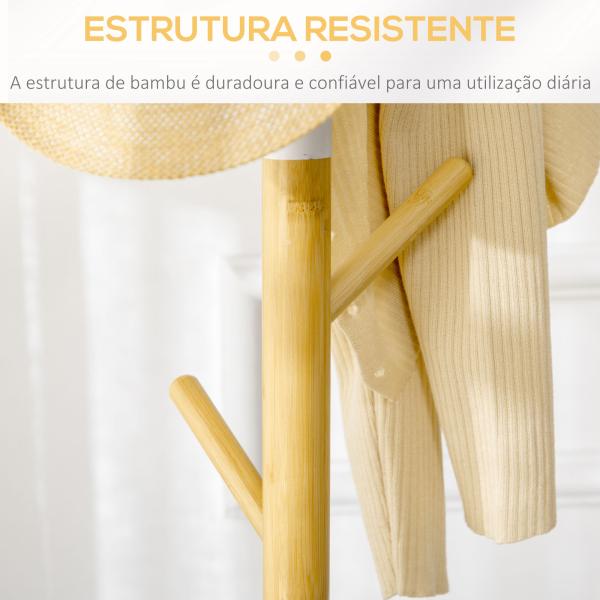 Cabide de Pé de Bambu Moderno com 8 Ganchos para Roupas Bolsas Ø37,8x175,6 cm Madeira e Branco