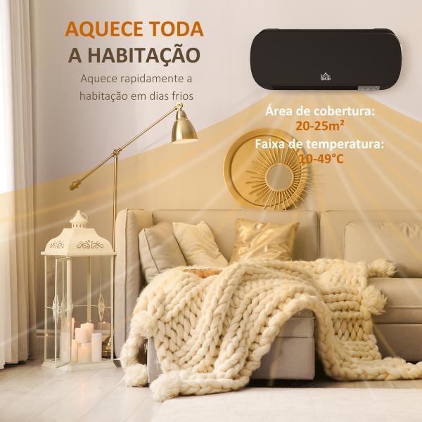 Aquecedor Cerâmico de Parede 1000W/2000W com Controle Remoto 3 Modos de Aquecimento Temporizador de 12h Termostato e Proteção contra Superaquecimento 45x18,6x11,5 cm Preto