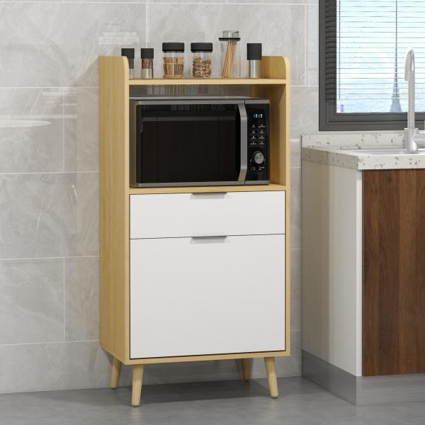 Armário para Micro - ondas em Estilo Escandinavo com Armário, Gaveta e Prateleira Ajustável, 58x40x118 cm, Natural e Branco