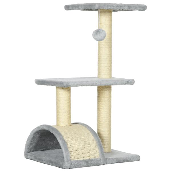 Arranhador para Gatos Médio de 3 Níveis com Postes de Sisal Placa para Arranhar e Bola Suspensa 40x35x72 cm Cinza