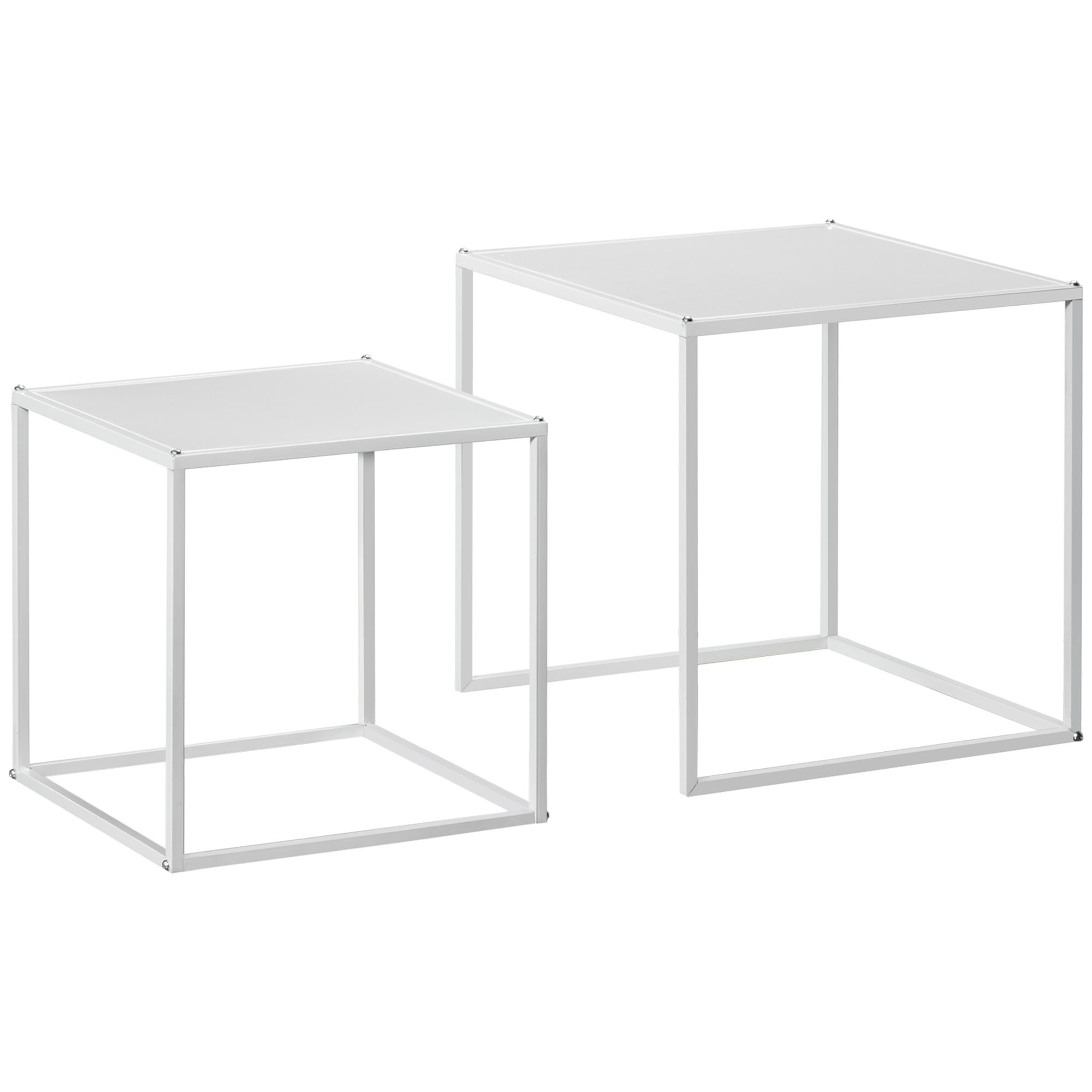 Conjunto de 2 Mesas Mesas de Centro Quadradas para Sala de Estar Estrutura de Aço Grande 40 cm Pequena 35 cm Branco