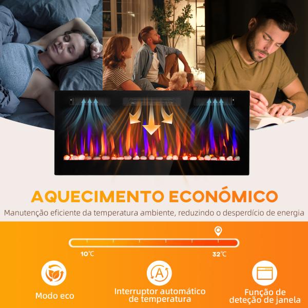 Lareira Elétrica Ultrafina de Parede e Embutir com Chama 3D Brilho/Velocidade Ajustável 12 Cores Pedras 900/1800W 106,7x9,4x47 cm Preto