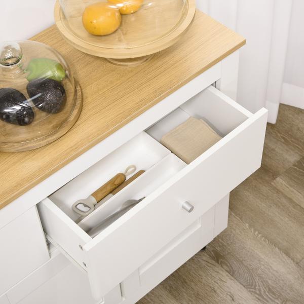 Aparador Móvel Auxiliar de Cozinha com 2 Gavetas 3 Portas e Prateleira Ajustável Móvel de TV de até 50 Polegadas 117x35x80 cm Branco e Madeira