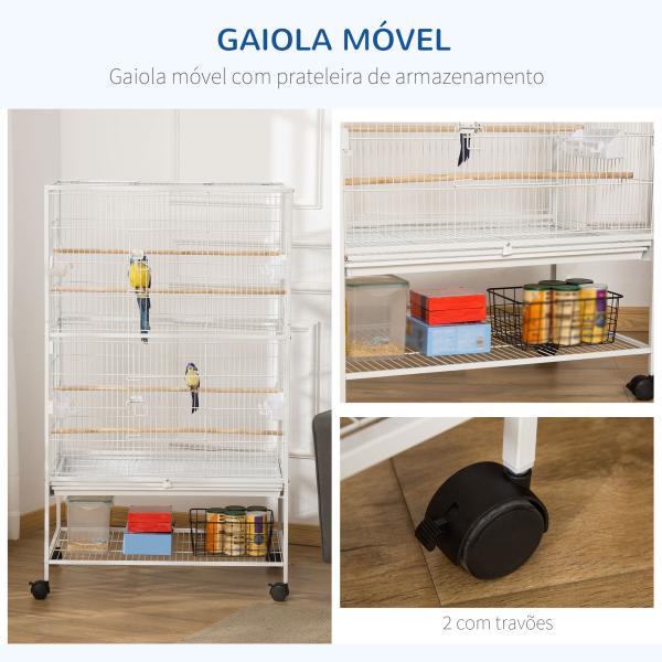 Gaiola para Pássaros com Rodas Bandeja Amovível 4 Portas Comedouros e Prateleira de Armazenamento 78x52x132cm Branco