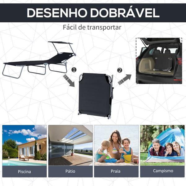 Espreguiçadeira de Jardim Dobrável com Toldo Removível e Ajustável em Ângulo e Encosto Ajustável em 4 Posições para Jardim Terraço Campismo Exterior 187x58x36cm Preto