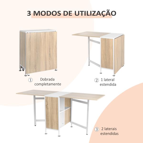 Mesa Dobrável de Arrumação 4 Prateleiras para Sala de Jantar Sala de Estar Mesa Auxiliar de Madeira 169x62x75 cm Carvalho e Branco