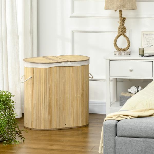 Cesto de Roupa Suja de Bambu 100L com 2 Compartimentos e Forro Removível 62,5x37x60,5 cm Madeira