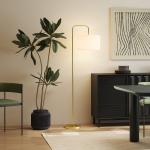 Candeeiro de Pé Moderno Lâmpada E27 Máx. 40W com Ecrã de Linho e Interruptor de Pé 64x38x163,5 cm Branco e Dourado