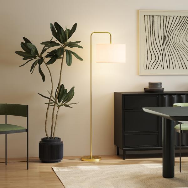 Candeeiro de Pé Moderno Lâmpada E27 Máx. 40W com Ecrã de Linho e Interruptor de Pé 64x38x163,5 cm Branco e Dourado
