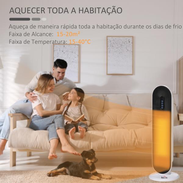 Aquecedor Cerâmico de Torre 1200W/2000W com Controle Remoto Termostato Temporizador de 24h e Sistema Anti - Rolamento para Sala de 20m² 21x21x63,5cm Branco e Preto