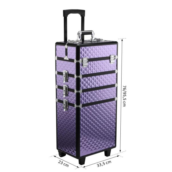 Mala de Maquilhagem Professional com Rodas Universais Diferentes Níveis e Alça Extensível 33,5x23x76 - 95,5 cm Roxo