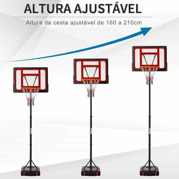 Tabela de Basquetebol Ajustável de 160 - 210cm Aro de Basquetebol com Suporte de Aço Base Recarregável 2 Rodas para Crianças e Adultos 75x83x261cm Vermelho e Preto
