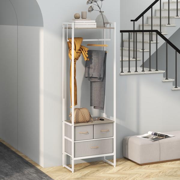 Suporte para Cabides com 3 Gavetas de Tecido Barra para Pendurar e Prateleira para Entrada Quarto 58,5x30x178 cm Natural