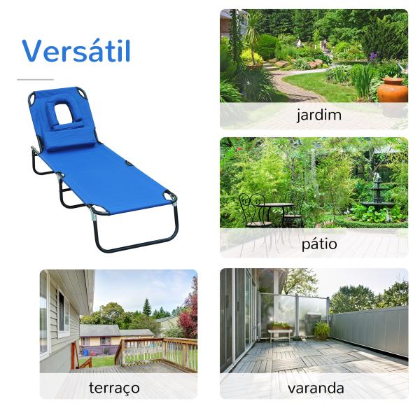 Espreguiçadeira Dobrável com Encosto Ajustável em 4 Posições Espreguiçadeira de Jardim com Almofada Estrutura de Aço Tecido Oxford para Acampamento Praia Terraço 190x56x28cm Azul