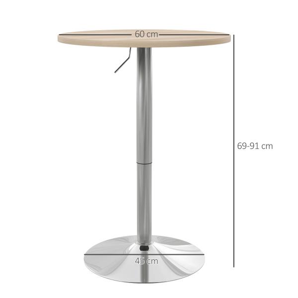 Mesa Alta de Cozinha Mesa Alta de Bar Redonda para 2 Pessoas Altura Ajustável Tampo Giratório 360° 60x60x91 cm Carvalho Claro