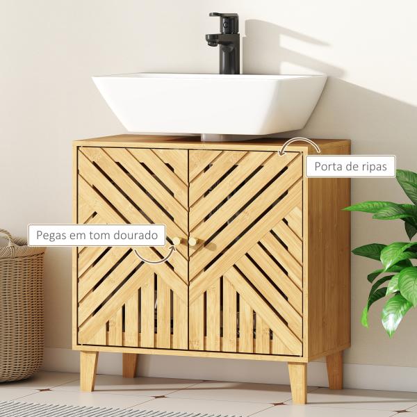 Móvel para Lavatório Pousar em Bambu com Portas Ripadas Armário de Casa de Banho para Lavatório sem Pedestal 60x30x60 cm Madeira