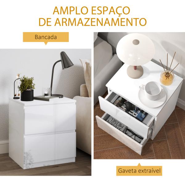 Mesa de Cabeceira Moderna Mesa de Cabeceira com 2 Gavetas Mesa de Cabeceira para Dormitório 40x34x45 cm Branco Brilhante