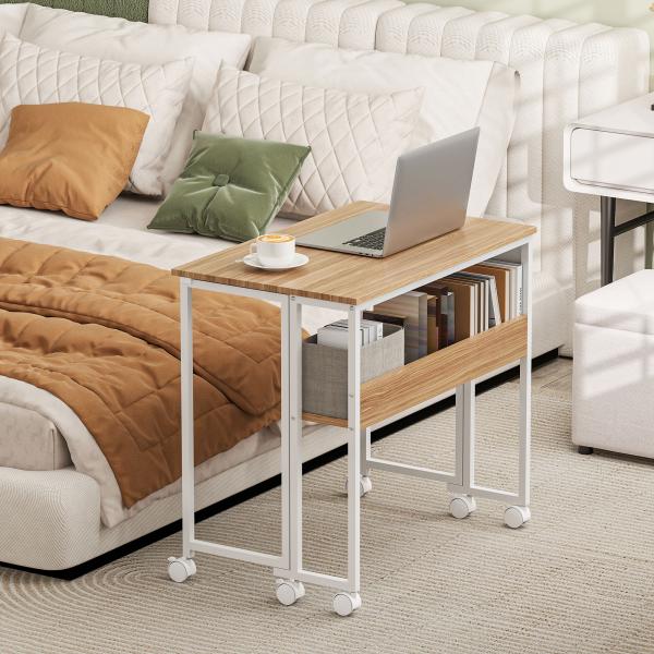 Secretária Dobrável com Rodas e Prateleira Mesa Secretária Compacta com Bolsa de Armazenamento 80x50x75 cm Madeira e Branco