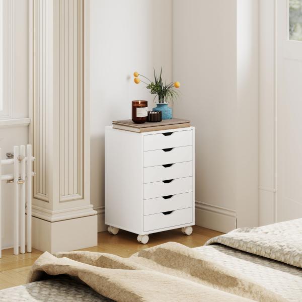 Bloco de Gavetas Móvel Arquivador com 6 Gavetas Suporte para Impressora com Rodas 40x35x63 cm Branco