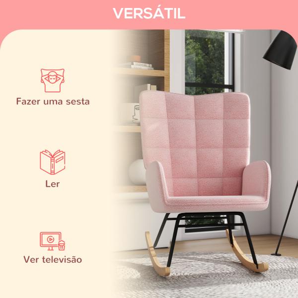 Poltrona Baloiço em Borrego com Oscilação de 40° Pés de Madeira de Faia e Estrutura de Aço 71x98x101 cm Rosa