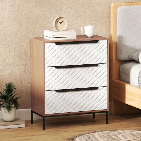 Cómoda com 3 Gavetas de Tecido Frentes com Padrão de Diamante Móvel de Arrumação 59,5x30x73,5 cm Madeira e Branco