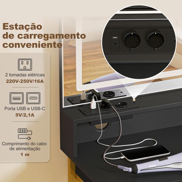 Toucador de Maquilhagem com Espelho, Luzes LED Estação de Carregamento 4 Gavetas e Banco 88x40x134 cm Preto